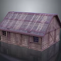 Scenic Rustic Wooden Cabin in Natural Landscape with Sloped Purple Brown Roof and Small Windows