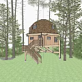 Elevated Wooden Treehouse With Dome Roof Staircase Surrounded By Lush Forest Trees