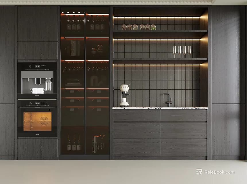 Modern Dark Wood Wine Cabinet With Glass Doors LED Lighting And Storage Drawers In Kitchen 3d model 