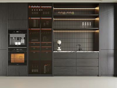 Modern Dark Wood Wine Cabinet With Glass Doors LED Lighting And Storage Drawers In Kitchen 3d model