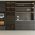 Modern Dark Wood Wine Cabinet With Glass Doors LED Lighting And Storage Drawers In Kitchen