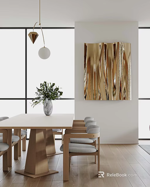 Modern Restaurant Interior With Wooden Dining Table Gray Chairs Gold Decorative Art And Green Plant 3d model 