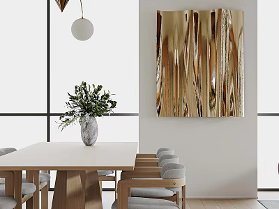Modern Restaurant Interior With Wooden Dining Table Gray Chairs Gold Decorative Art And Green Plant 3d model