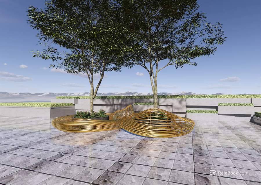 Golden Spiral Outdoor Chairs With Modern Design On Stone Pavement Near Trees 3d model 