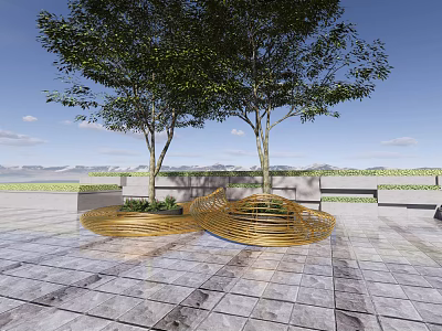 Golden Spiral Outdoor Chairs With Modern Design On Stone Pavement Near Trees 3d model