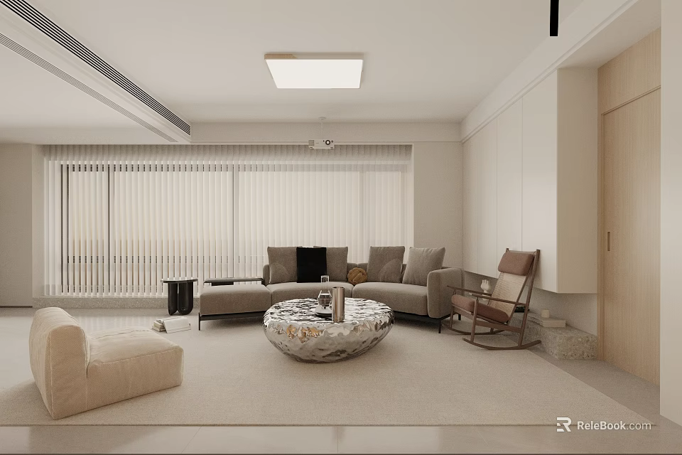 Modern Minimalist Warm Beige Living Room With Comfortable Sectional Sofa And Unique Textured Coffee Table 3d model 
