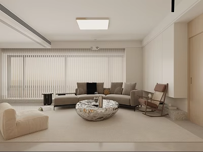 Modern Minimalist Warm Beige Living Room With Comfortable Sectional Sofa And Unique Textured Coffee Table 3d model