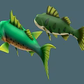 Two Green Cartoon Fish With Big Eyes Yellow Fins And Sharp Teeth