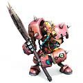 Futuristic Game Movie Character In Red Mechanical Armor With Spiked Spear Yellow Mask Green Eye