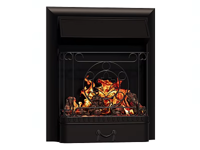 Black Metal Frame Fireplace With Ornate Iron Grate And Burning Logs Flames 3d model