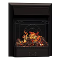 Black Metal Frame Fireplace With Ornate Iron Grate And Burning Logs Flames