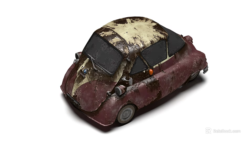 Rusty Vintage Car With Maroon Body And Old Fashioned Rounded Design 3d model 