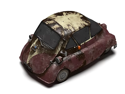 Rusty Vintage Car With Maroon Body And Old Fashioned Rounded Design 3d model