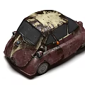 Rusty Vintage Car With Maroon Body And Old Fashioned Rounded Design