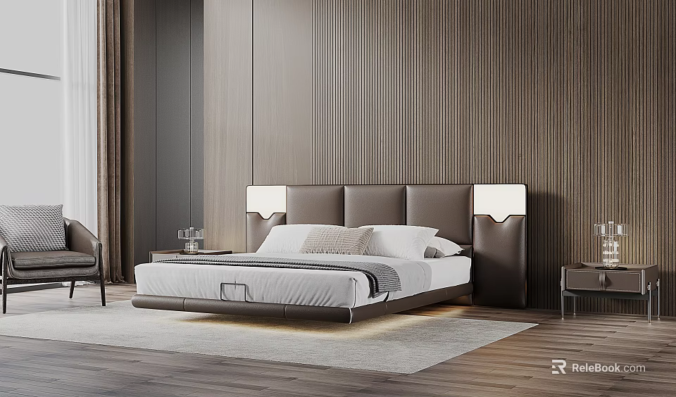 Modern Double Bed With Brown Headboard Lights White Bed Sheets On Wooden Floor Bedroom 3d model 
