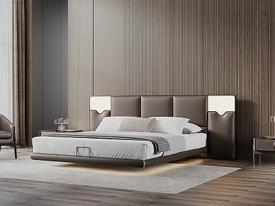 Modern Double Bed With Brown Headboard Lights White Bed Sheets On Wooden Floor Bedroom 3d model