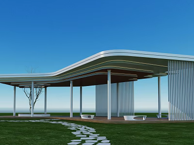 Modern Pergola Design With Curved Roof White Structure Green Lawn Stone Path Benches 3d model
