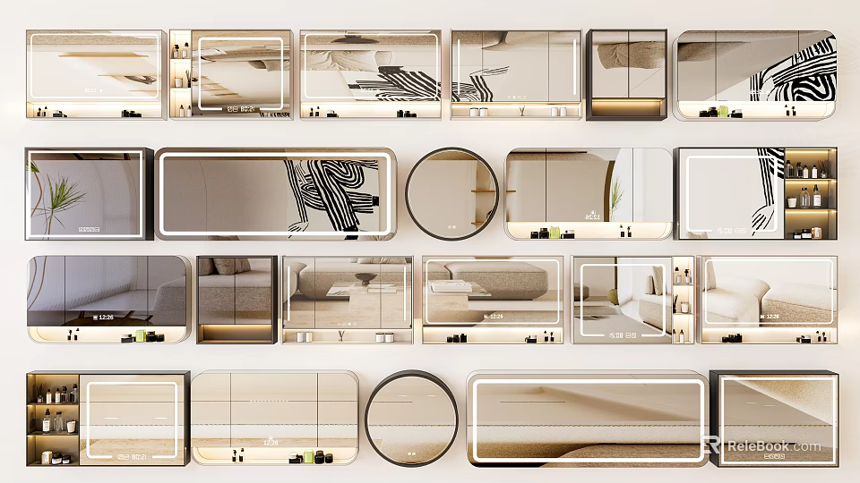 Various Shapes And Designs Of Mirrors Arranged For Stylish Interior 3d model 