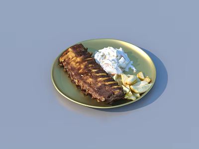 Delicious Grilled Ribs With Creamy Sauce And Crispy Fries On Plate 3d model