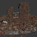Collapsed Brick Wall with Broken Structure Surrounded by Scattered Rubble and Debris 3d model