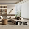 Modern Living Room Interior Design With Large Sofa Coffee Tables Guitar And Decorative Shelves