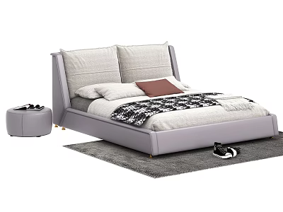 Light Gray Double Bed With Head Cushions White Brown Pillows Checkered Blanket And Round Stool 3d model
