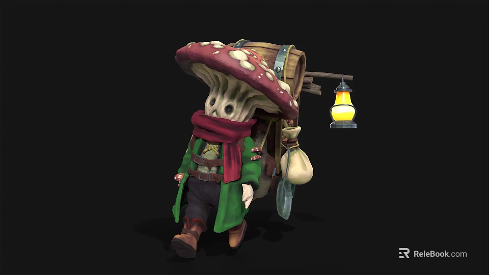 Game Character Pushing Cart With Red Spotted Mushroom Hat Green Coat And Lantern 3d model 