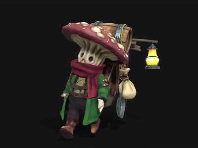 Game Character Pushing Cart With Red Spotted Mushroom Hat Green Coat And Lantern 3d model
