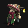 Game Character Pushing Cart With Red Spotted Mushroom Hat Green Coat And Lantern