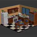 Cozy Kitchen Interior With Yellow Walls Brown Cabinets White Refrigerator And Checkered Floor