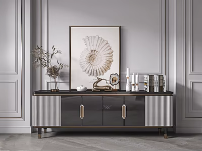 Modern Luxury Gray TV Stand With Gold Handles Decorative Painting Vase Books Candles 3d model