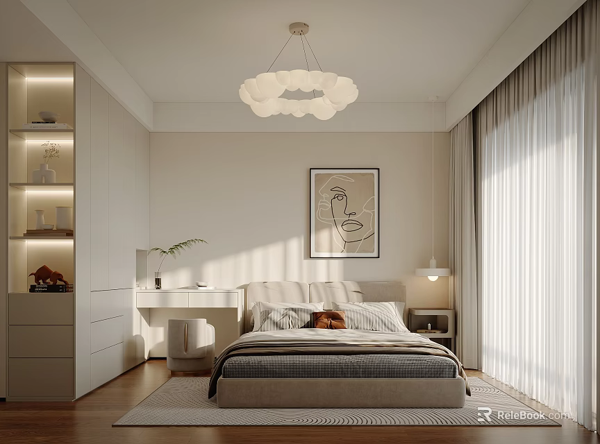 Modern Bedroom Interior Design With Cloud Shaped Chandelier Wall Painting And Curtains 3d model 