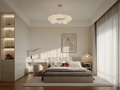 Modern Bedroom Interior Design With Cloud Shaped Chandelier Wall Painting And Curtains 3d model