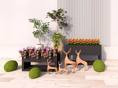 Elegant Flower Planters With Purple Orange Flowers Deer Figurines Green Spherical Plants White Wall 3d model