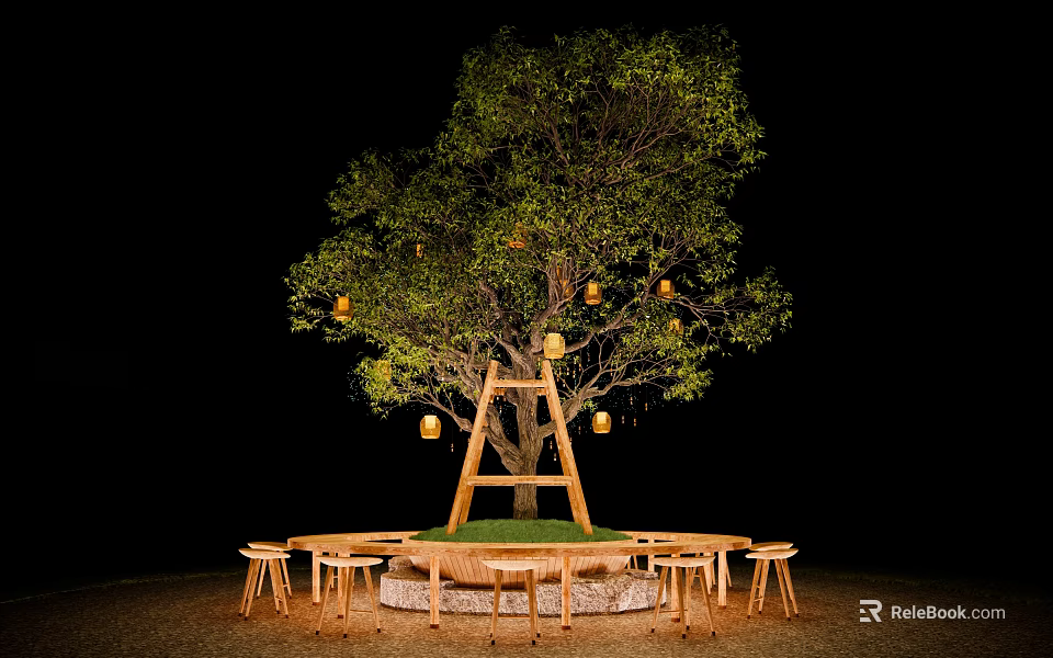 Decorative Tree With Yellow Lanterns Wooden Ladder And Round Wooden Stools At Night 3d model 