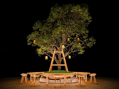 Decorative Tree With Yellow Lanterns Wooden Ladder And Round Wooden Stools At Night 3d model