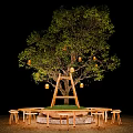 Decorative Tree With Yellow Lanterns Wooden Ladder And Round Wooden Stools At Night