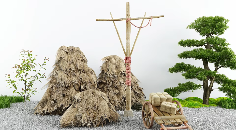 Rustic Courtyard Garden With Haystacks Wooden Pole Red Rope Straw Bundles And Wooden Cart 3d model 