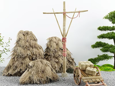 Rustic Courtyard Garden With Haystacks Wooden Pole Red Rope Straw Bundles And Wooden Cart 3d model