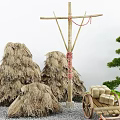 Rustic Courtyard Garden With Haystacks Wooden Pole Red Rope Straw Bundles And Wooden Cart