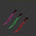 Three Glowing Knives With Pink Green Red Blades And Black Handles