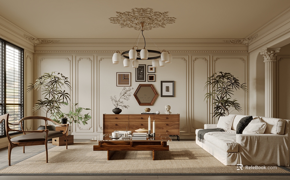 Elegant Living Room Interior With Ornate Ceiling Chandelier White Sofa Wooden Coffee Table And Plants 3d model 