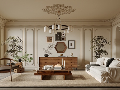 French Antique Living Room Sofa Single Chair Coffee Table Curtain Carpet Bookshelf Jewelry Chandelier Hanging Picture 3d model