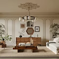 Elegant Living Room Interior With Ornate Ceiling Chandelier White Sofa Wooden Coffee Table And Plants