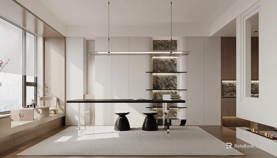 Modern Open Dining Room Interior With Black Dining Table Pendant Lights And White Cabinets 3d model