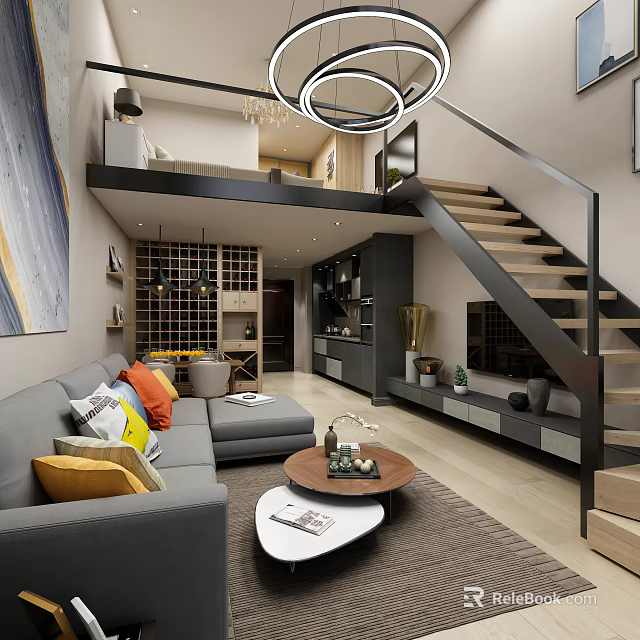 Loft Apartment Living Room With Grey Sofa Colorful Pillows Wooden Staircase Open Layout And Coffee Table 3d model 