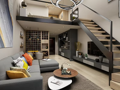 Loft Apartment Living Room With Grey Sofa Colorful Pillows Wooden Staircase Open Layout And Coffee Table 3d model