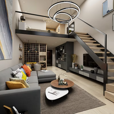 Loft Apartment Living Room With Grey Sofa Colorful Pillows Wooden Staircase Open Layout And Coffee Table 3d model