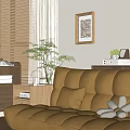 Modern Yellow Sofa and Coffee Table Set with Comfortable Cushions Wooden Top and Green Plants