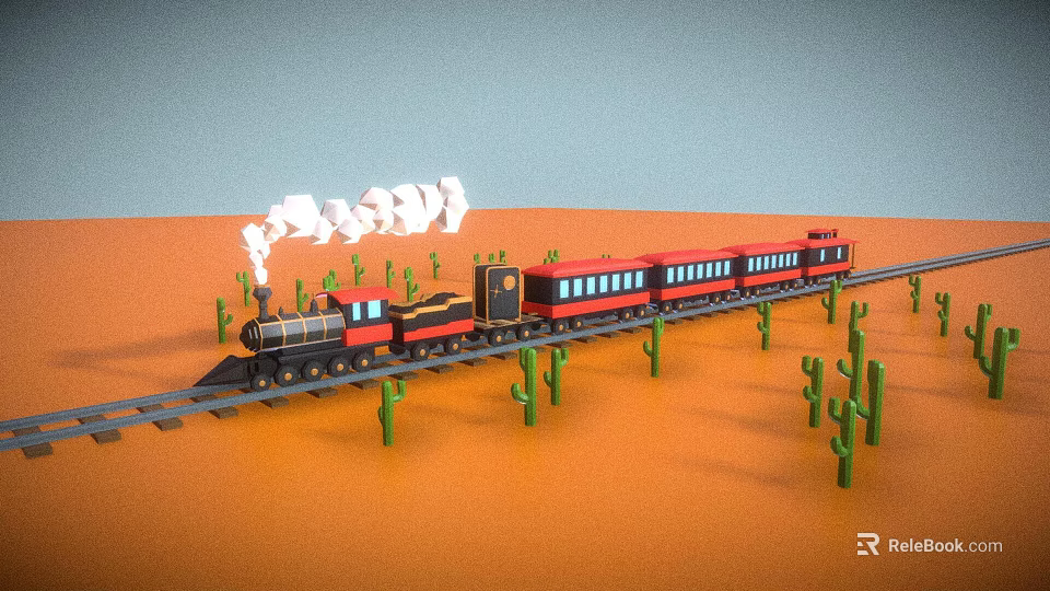 Toy Train in Desert Landscape with Red Carriages Black Locomotive and Green Cactus Plants 3d model 